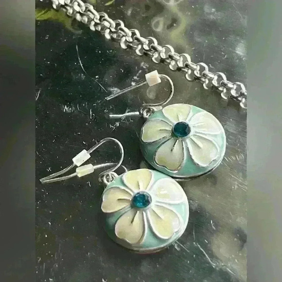 Vintage KC stamped necklace and earrings set, silver and green, + Stone necklace - Picture 9 of 16